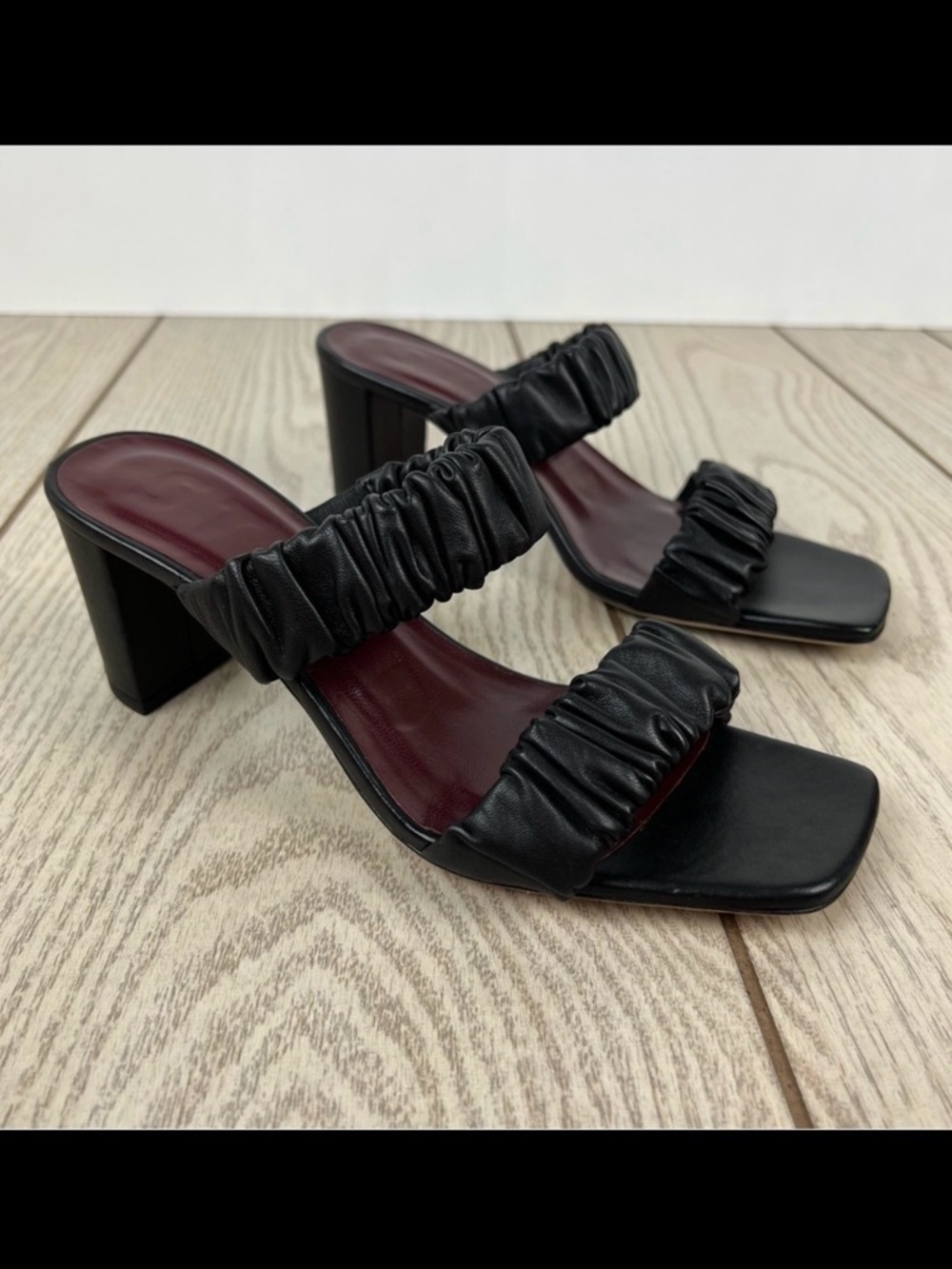 Staud Frankie Ruched Slide on Two Strap Leather Sandals 36 Black $325 Portugal